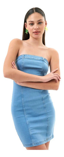 Vestido Jean Elastizado Strapless Denim Celeste S