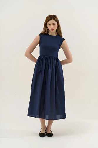 Vestido Largo Sin Mangas Combinado Con Ribb Y Poplin