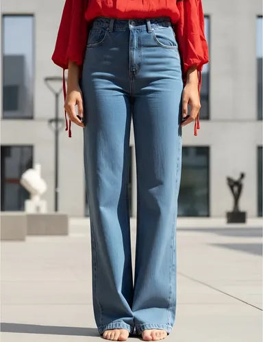 Pantalón Jean Denim Azul Claro Tiro Alto Denim Azul Claro Liso 36