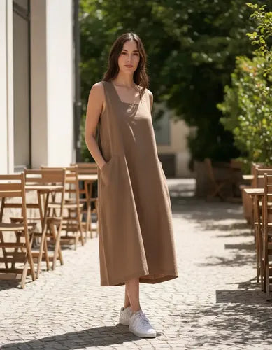 Vestido De Lino Escote Cuadrado Gris Lisa Único
