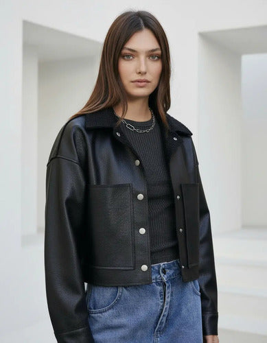 Saco Chaqueta Campera Eco Cuero Con Bouclé Marrón Único Liso