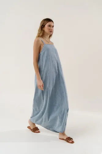 Vestido Jean Largo Solero Denim Nuevo De 2da Selección Celeste Liso S