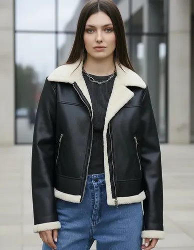 Campera Gamulán Eco Cuero Con Piel Negro 42 Liso