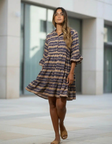 Vestido De Seda Hindú Corto Amplio Mod. 46 Nude Y Azul Estampado Único