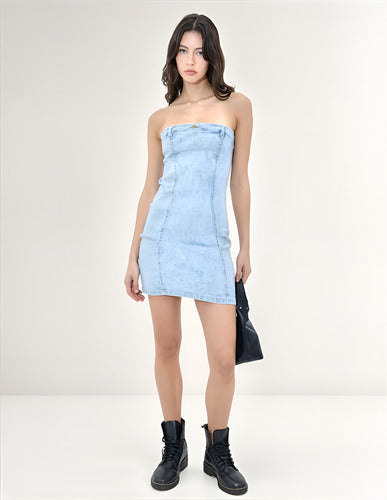 Vestido Strapless De Jean Elastizado Nuevo 2da Selección Celeste M