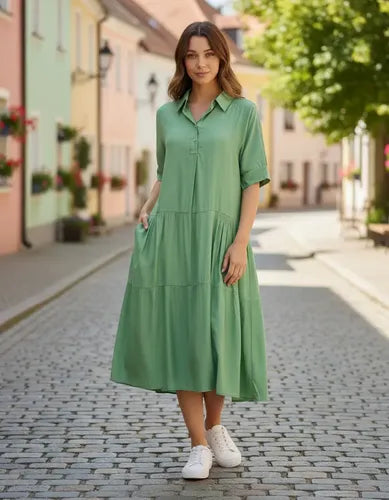 Vestido Camisero De Simil Seda Verde Lisa Único