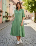 Vestido Camisero De Simil Seda Verde Lisa Único