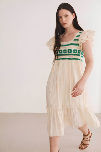 Vestido Importado Crochet  Boho Broderie Beige L