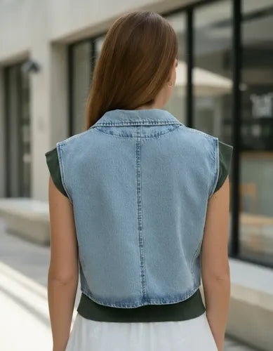 Chaleco De Jean Denim Corto Celeste Liso L