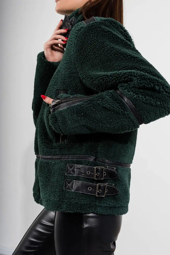 Gamulán Campera Chaqueta Importada Corderito Y Ecocuero Verde L