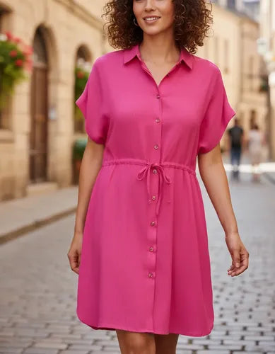 Vestido Camisero Corto Fucsia Liso 40