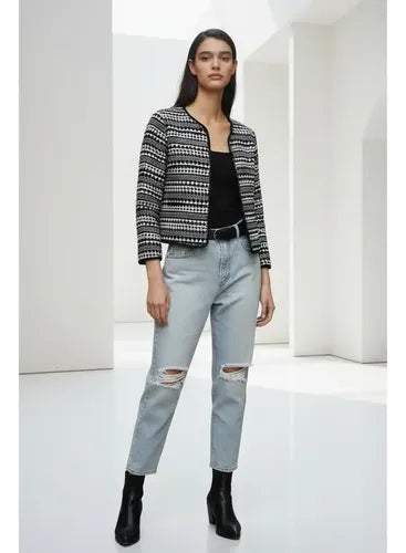 Saco  Blazer Chaqueta Importada  Negro Con Beige Geométrico M