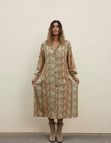Vestido Camisero De Seda Hindú Con Dorado Modelo Amplio Marrón Estampado Único