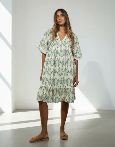 Vestido De Seda Hindú Corto Amplio Mod. 49 Crema Estampado Único
