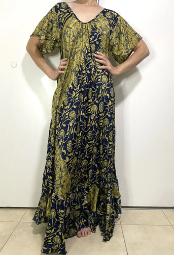 Vestido Seda Hindú Modelo Amplio Xxxl Azul Estampado Único