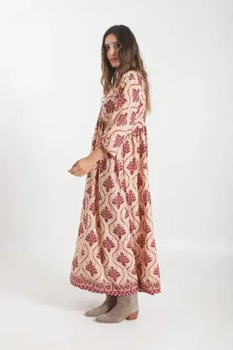 Vestido De Seda Hindú Largo Mod. 31 Rosa Estampado Único