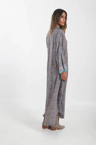 Vestido De Seda Hindú Estampado Largo Modelo Grande Turquesa Estampado Único