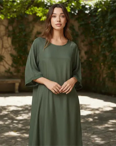 Vestido Largo Simil Seda Mangas 3/4 Azul Marino Lisa Único