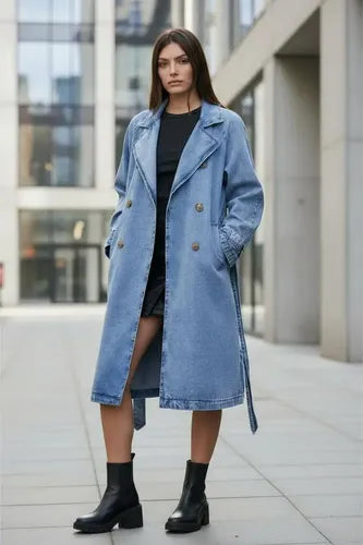 Trench Jean Tapado Denim Largo Sobretodo