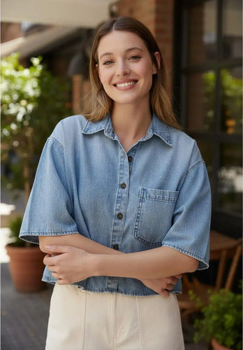 Camisa De Jean Denim Manga Corta Modelo Grande
