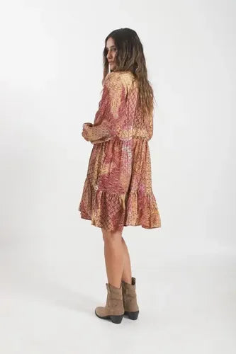Vestido De Seda Hindú Corto Amplio Mod. 101 Rosa Estampado Único