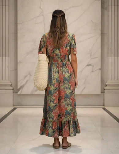 Vestido De Seda Hindú Mod. 6 Multicolor Estampado Único