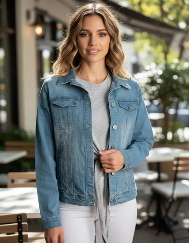 Campera De Jean Elastizada Denim Básica Celeste L Lisa