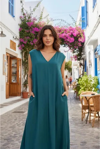 Vestido Largo Simil Seda Amplio Sin Mangas Azul Petróleo Lisa Único