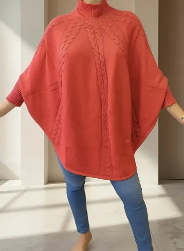 Poncho  Sweater Tejido Grueso Grande Importado Terracota Liso Único