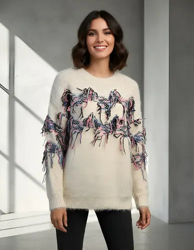 Sweater Importado Pelo De Mono Folk Boho Beige Flecos L