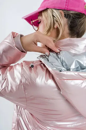 Puffer Campera  De Abrigo  Importada Corta Metalizada Rosa Claro Xl Lisa