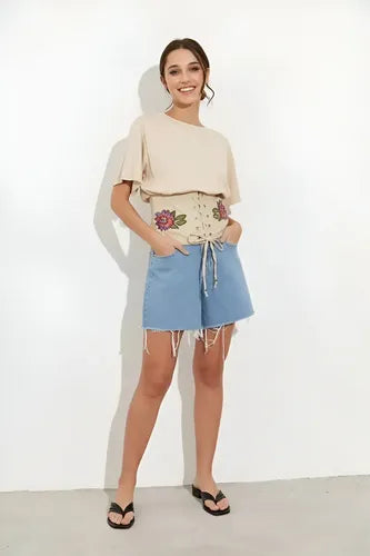 Remera Blusa Bordada Importada Estilo Boho Corset Blanco Bordado M