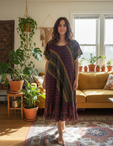 Vestido Seda Hindú Modelo Amplio Nuevo 2da Selección Bordó Estampado Único