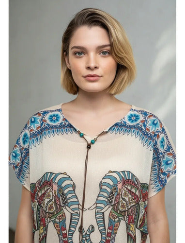 Blusa Remera Elefantes Importada Talle Grande Beige Único