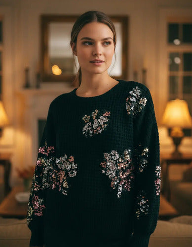 Sweater Tejido Panal Importado Lentejuelas Paillettes Negro Lentejuelas Único