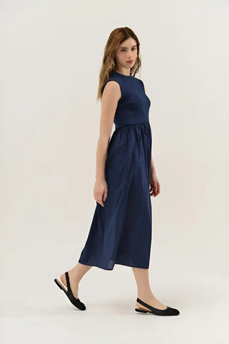 Vestido Largo Sin Mangas Combinado Con Ribb Y Poplin
