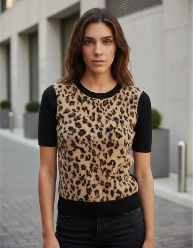 Sweater Manga Corta Tejido Y Piel Animal Print Chaleco