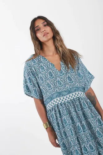 Vestido Largo De Seda Hindú Modelo Amplio Mod. 04 Azul Acero Estampado Único