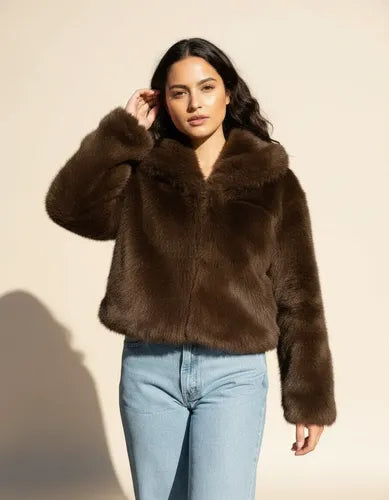 Saco Chaqueta De Piel Sintética Corto Chocolate L Lisa