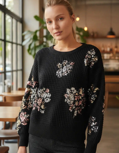 Sweater Tejido Panal Importado Lentejuelas Paillettes Negro Lentejuelas Único