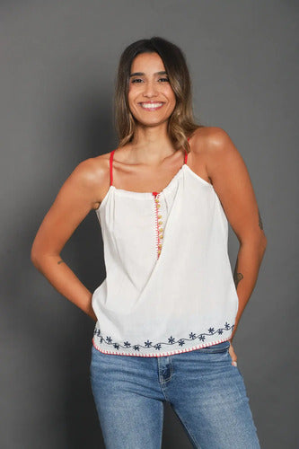 Blusa Musculosa Bordada Importada Crema Bordado Único
