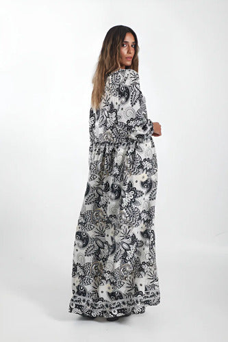 Vestido De Seda Hindú Largo Modelo Amplio Mod. 31 Blanco Con Negro 1 Estampado Único