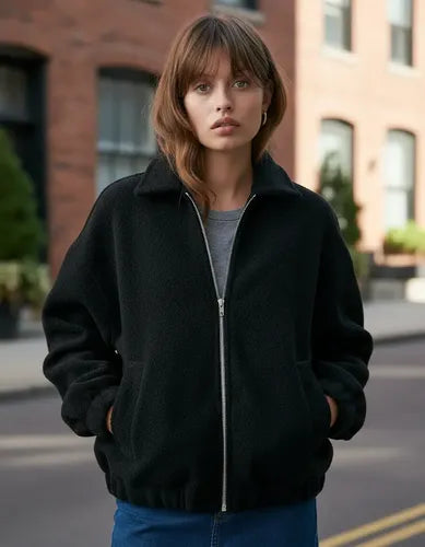 Campera Bomber Simil Paño Amplia Negro Único Liso