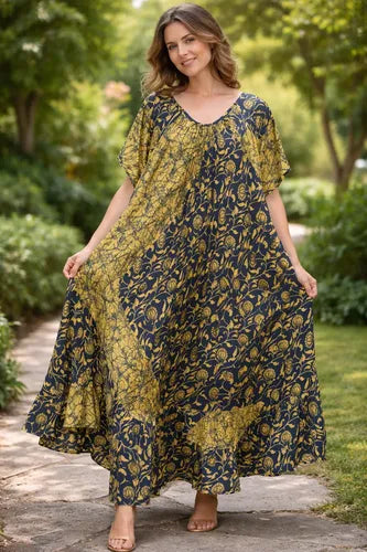 Vestido Seda Hindú Modelo Amplio Xxxl Azul Estampado Único