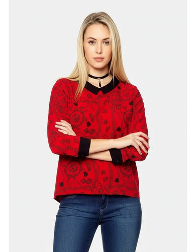 Camisa Blusa De Diseño Estampada  Rojo Estampado 1