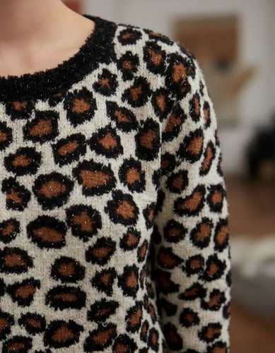 Sweater Tejido Con Lurex Animal Print Azul Oscuro Animal Print Único