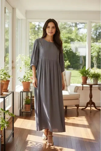 Vestido Largo Simil Seda Y Puntilla Modelo Amplio Verde Lisa Único