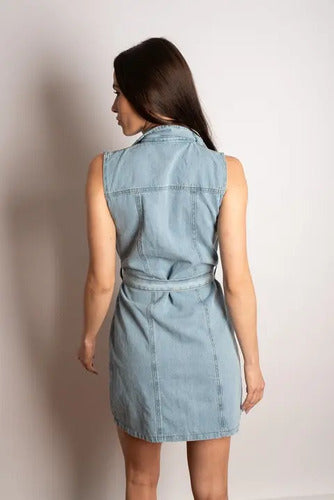 Vestido De Jean Rigido Sin Mangas Celeste Liso S