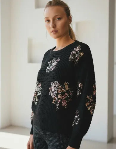 Sweater Tejido Panal Importado Lentejuelas Paillettes Negro Lentejuelas Único