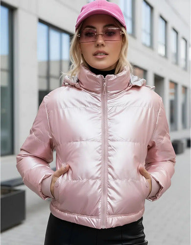 Puffer Campera  De Abrigo  Importada Corta Metalizada Rosa Claro Xl Lisa
